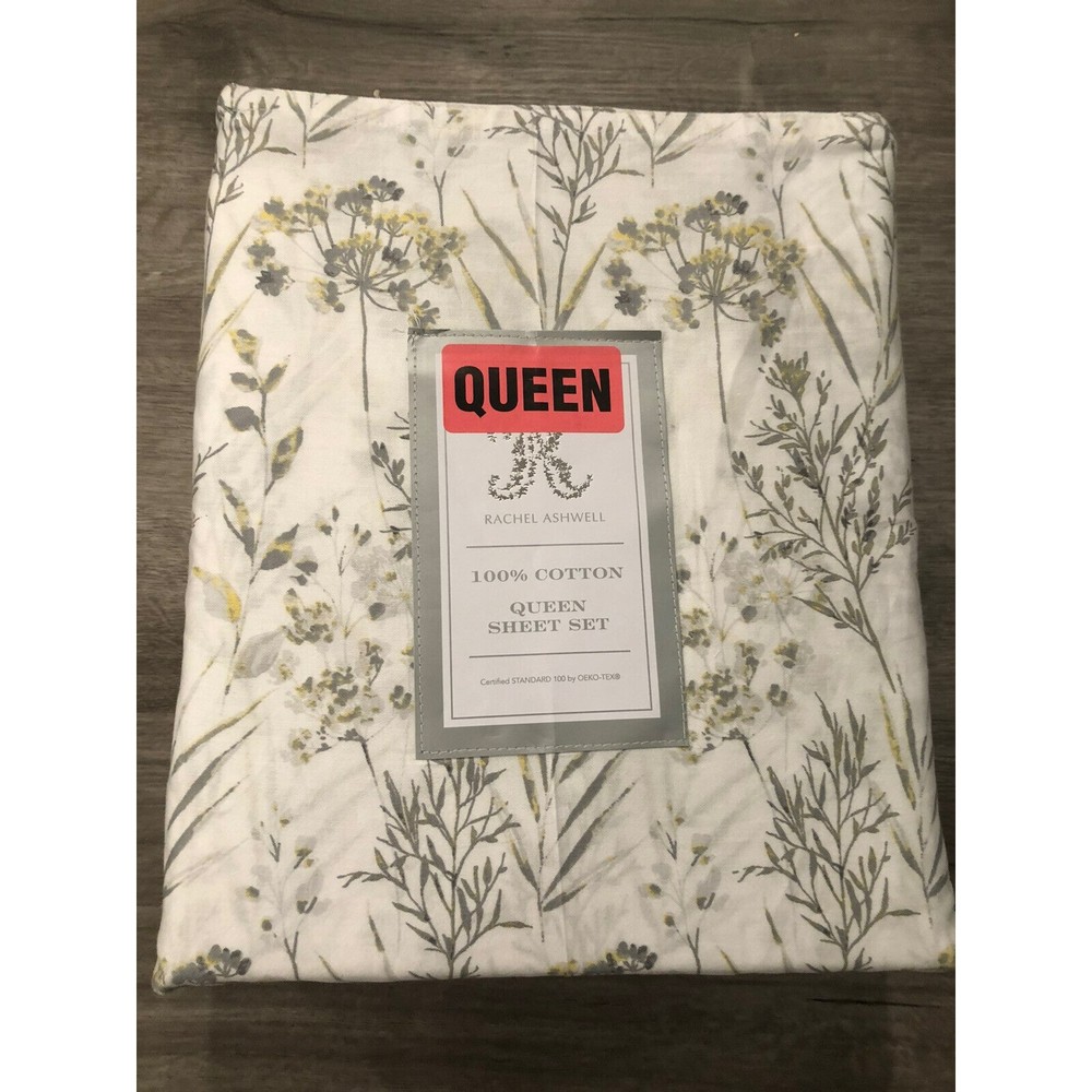 Rachel Ashwell 4 PC QUEEN Sheet Set Grey/Yellow/White Paintbrush Floral Cotton